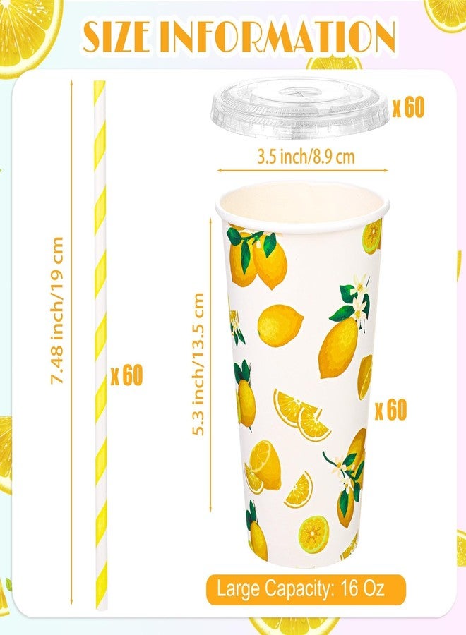 Kochorie 180 Pieces/60 Sets Lemonade Cups Disposable Paper Cups with Lids and Paper Straws 16oz Yellow Paper Cups Lemonade Stand Supplies for Cold Hot Beverage Juice Summer Fruit Party - Image 2